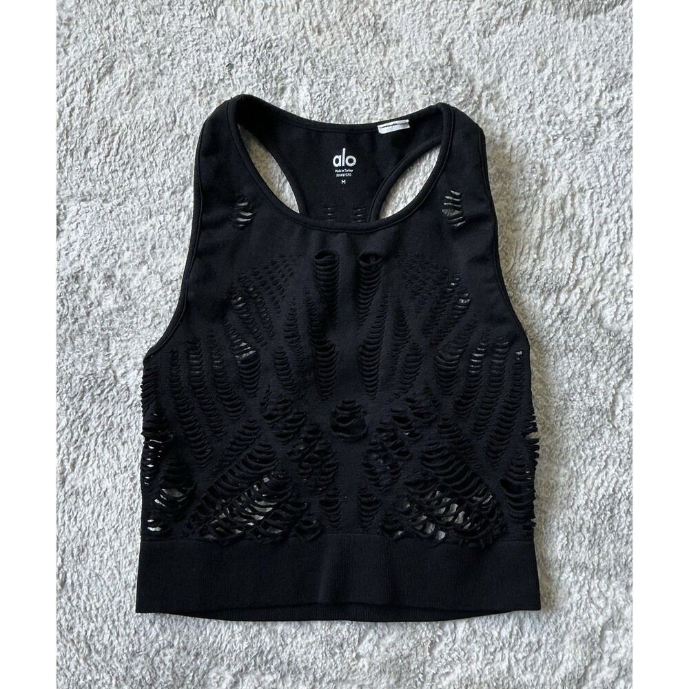 Alo Vixen Crop Tank Top Womens Medium Black Slotted ALO Yoga Gym Shredded Cut